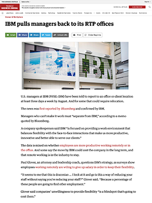 IBM pulls managers back to its RTP offices